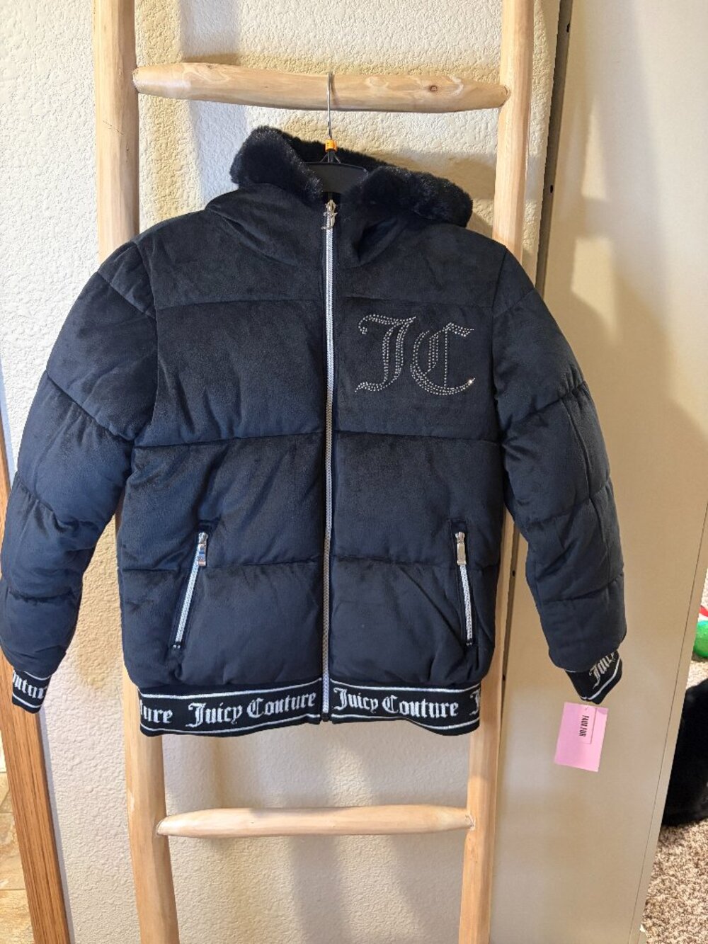 Juicy Couture Black Faux Fur Puffer Jacket Rhinestone JC Logo S NWT